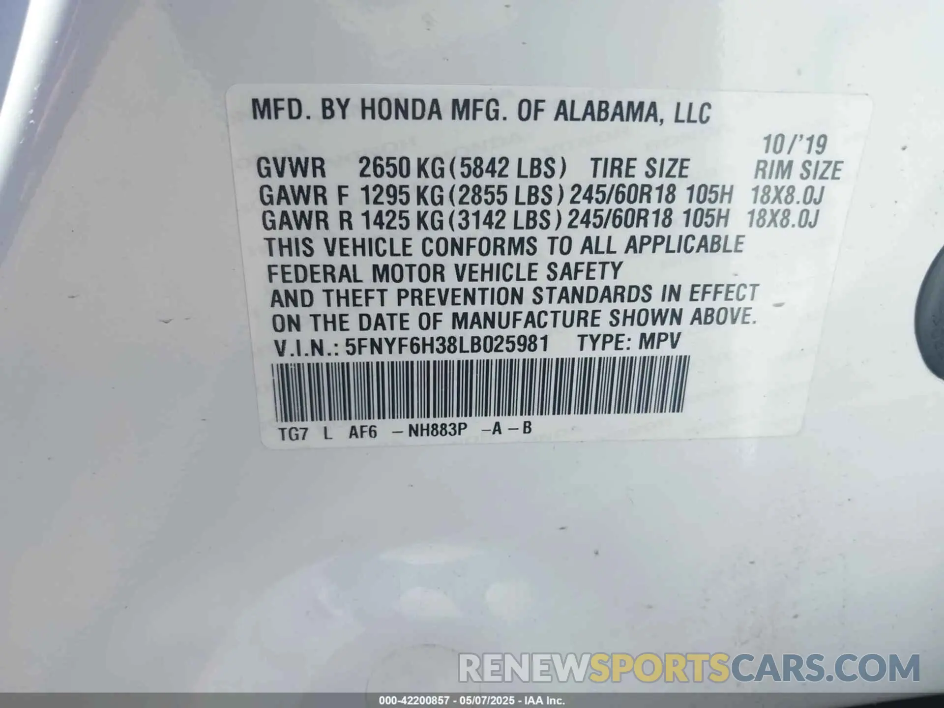 9 Фотография поврежденного автомобиля 5FNYF6H38LB025981 HONDA PILOT 2020