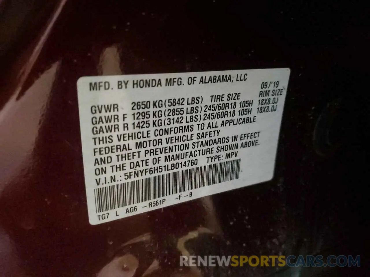 13 Photograph of a damaged car 5FNYF6H51LB014760 HONDA PILOT 2020