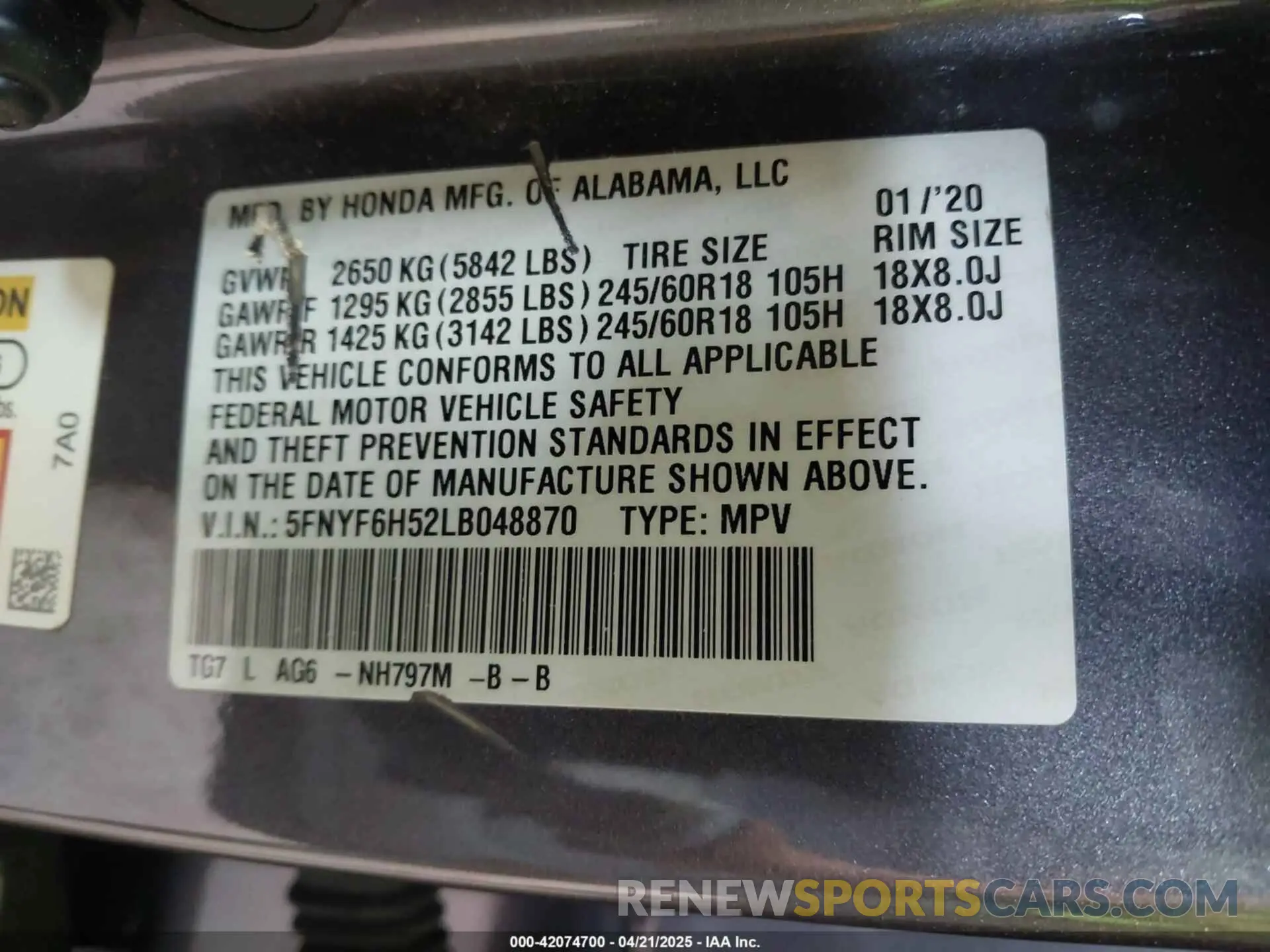 9 Photograph of a damaged car 5FNYF6H52LB048870 HONDA PILOT 2020