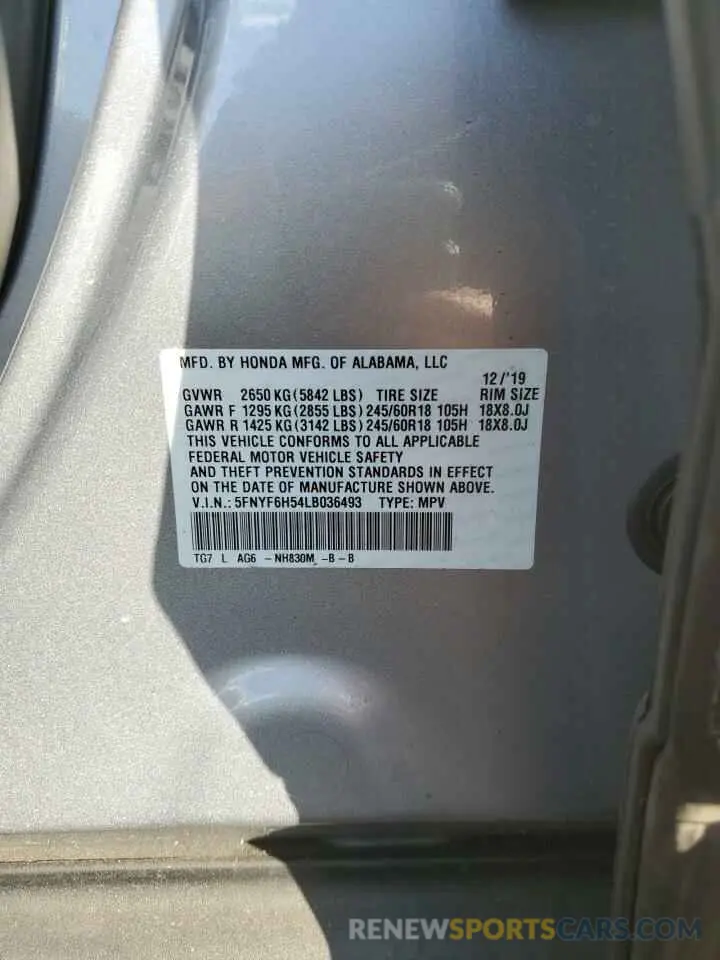 13 Фотография поврежденного автомобиля 5FNYF6H54LB036493 HONDA PILOT 2020