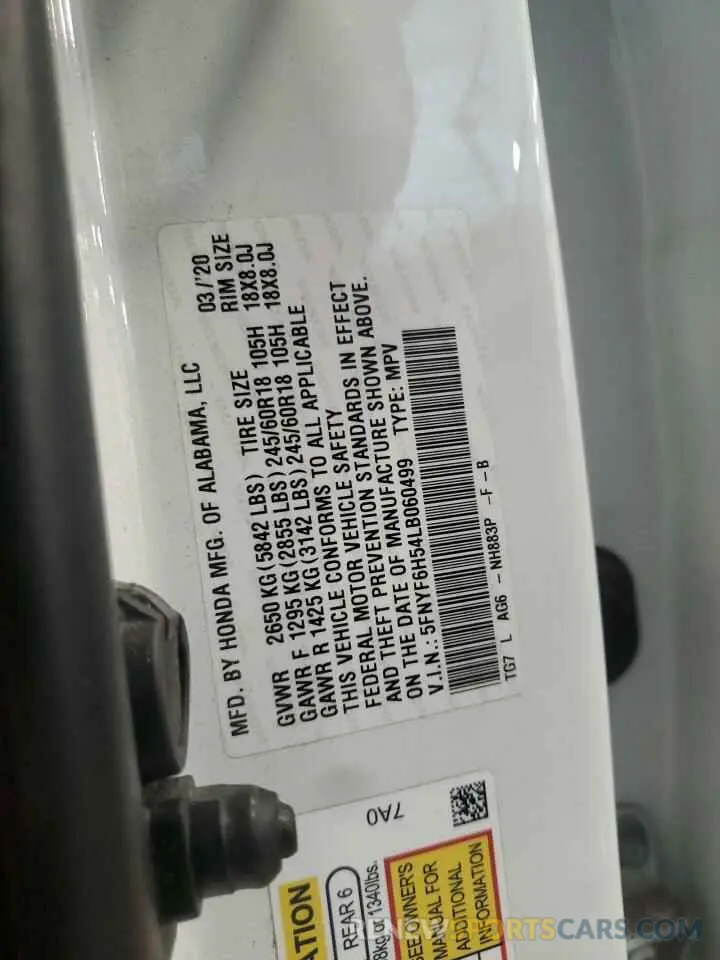 13 Photograph of a damaged car 5FNYF6H54LB060499 HONDA PILOT 2020
