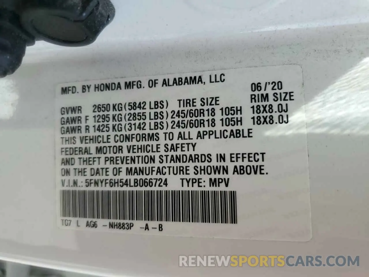 14 Photograph of a damaged car 5FNYF6H54LB066724 HONDA PILOT 2020