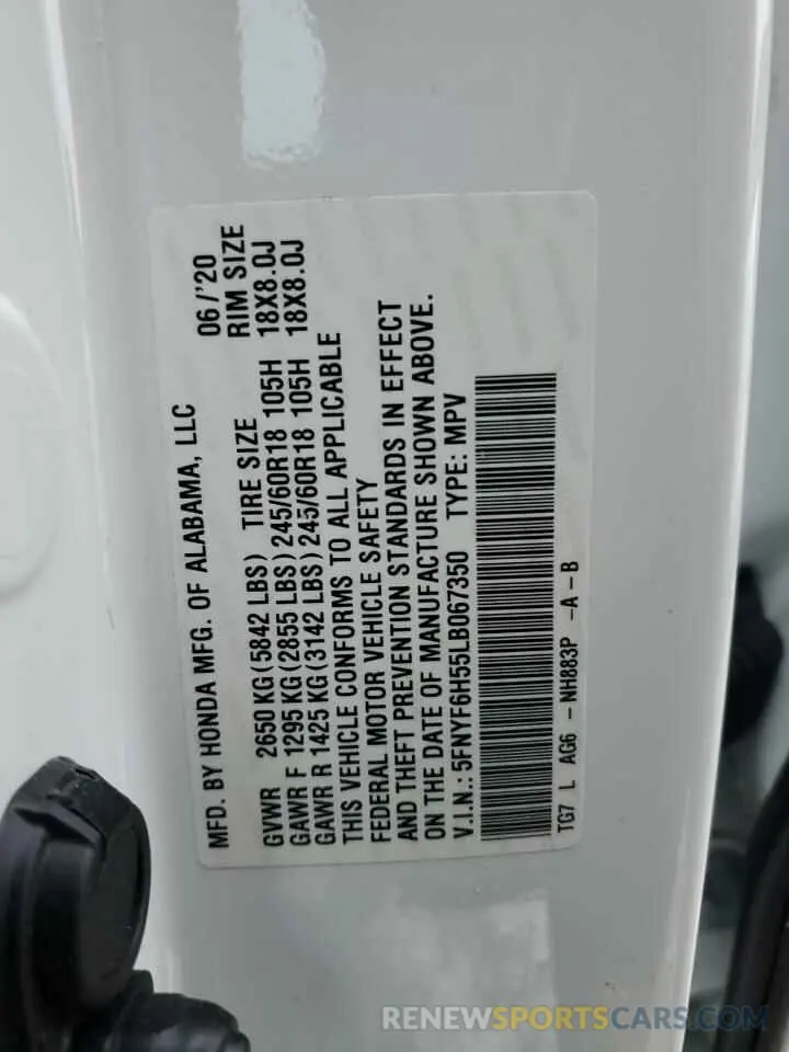13 Фотография поврежденного автомобиля 5FNYF6H55LB067350 HONDA PILOT 2020