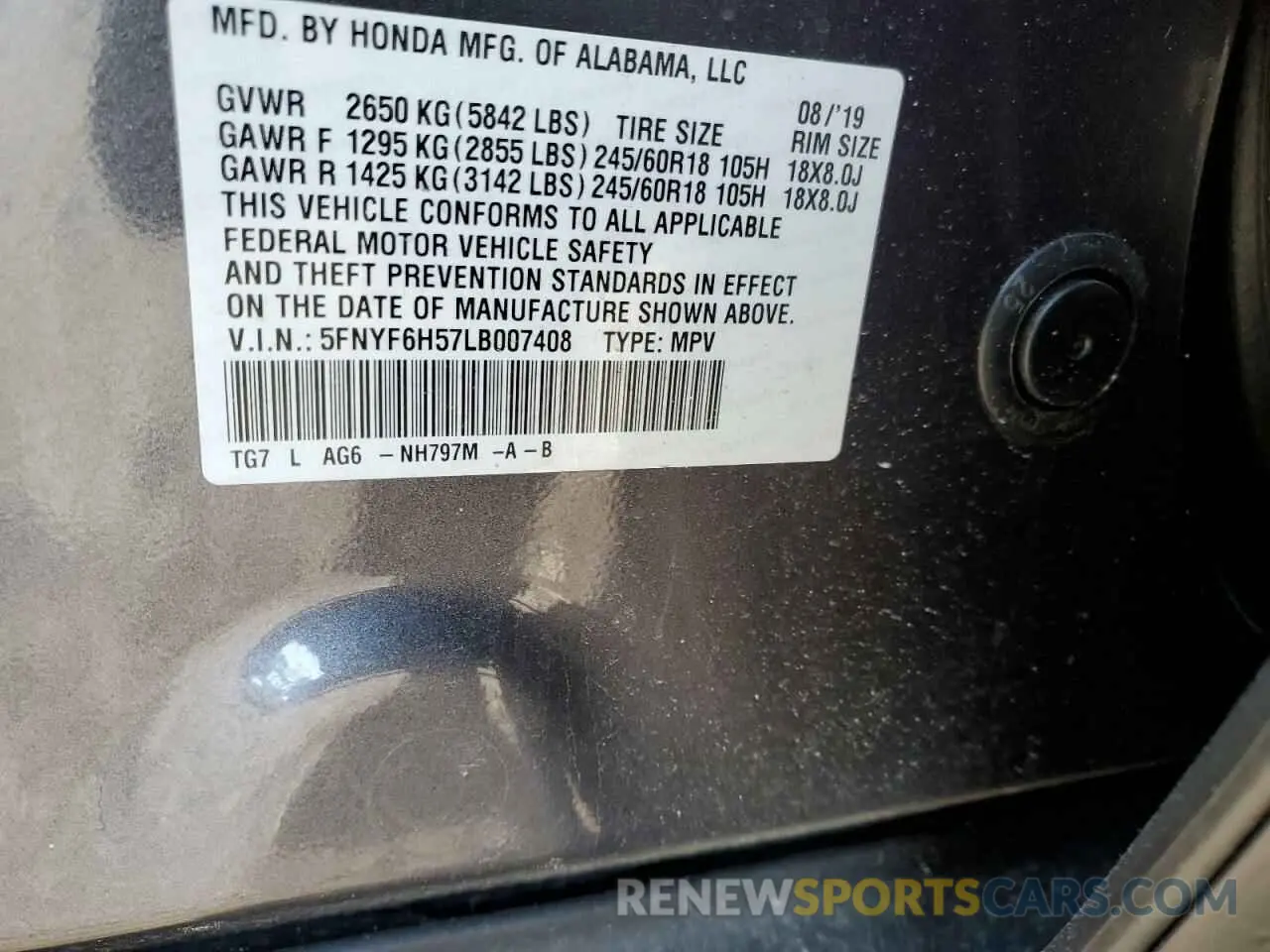 13 Photograph of a damaged car 5FNYF6H57LB007408 HONDA PILOT 2020