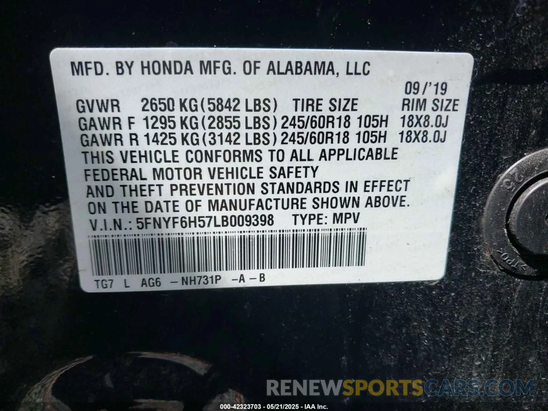 9 Photograph of a damaged car 5FNYF6H57LB009398 HONDA PILOT 2020