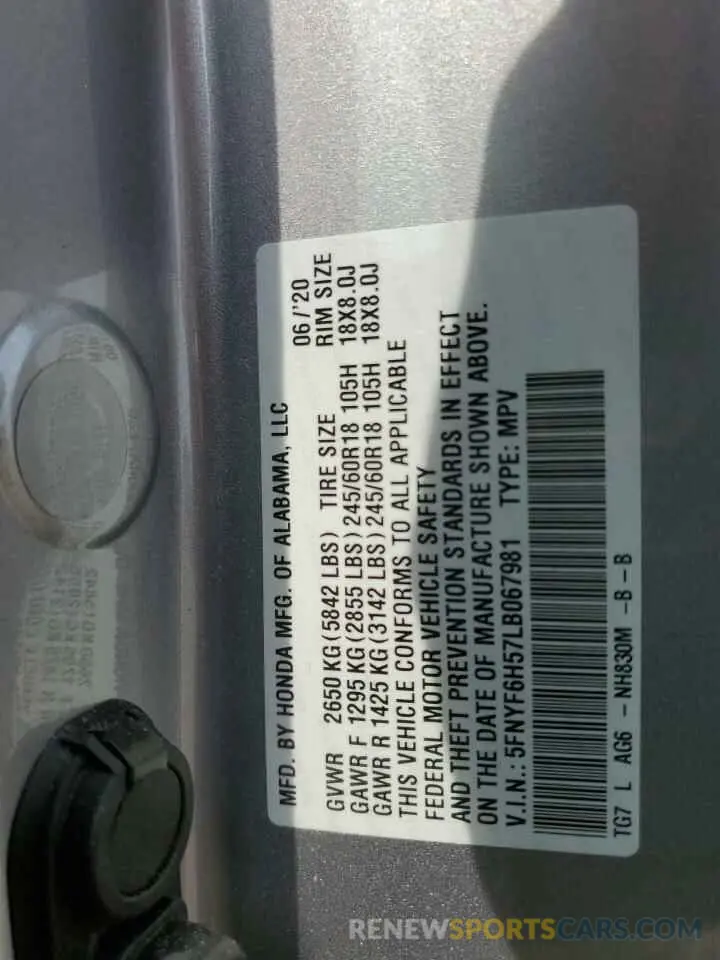 13 Photograph of a damaged car 5FNYF6H57LB067981 HONDA PILOT 2020