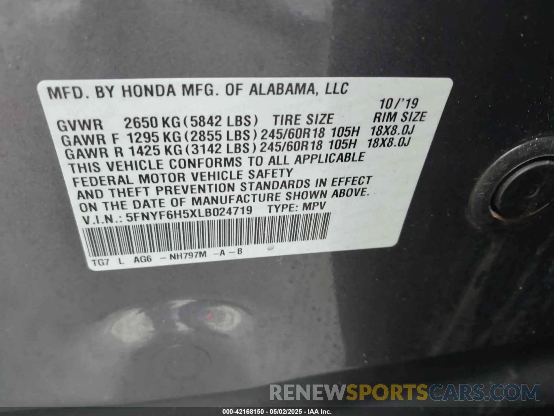 9 Photograph of a damaged car 5FNYF6H5XLB024719 HONDA PILOT 2020