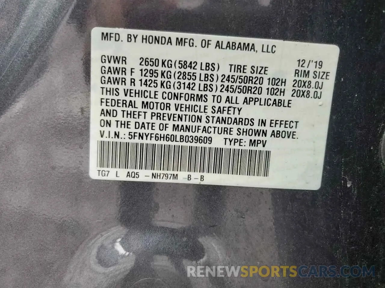 14 Photograph of a damaged car 5FNYF6H60LB039609 HONDA PILOT 2020