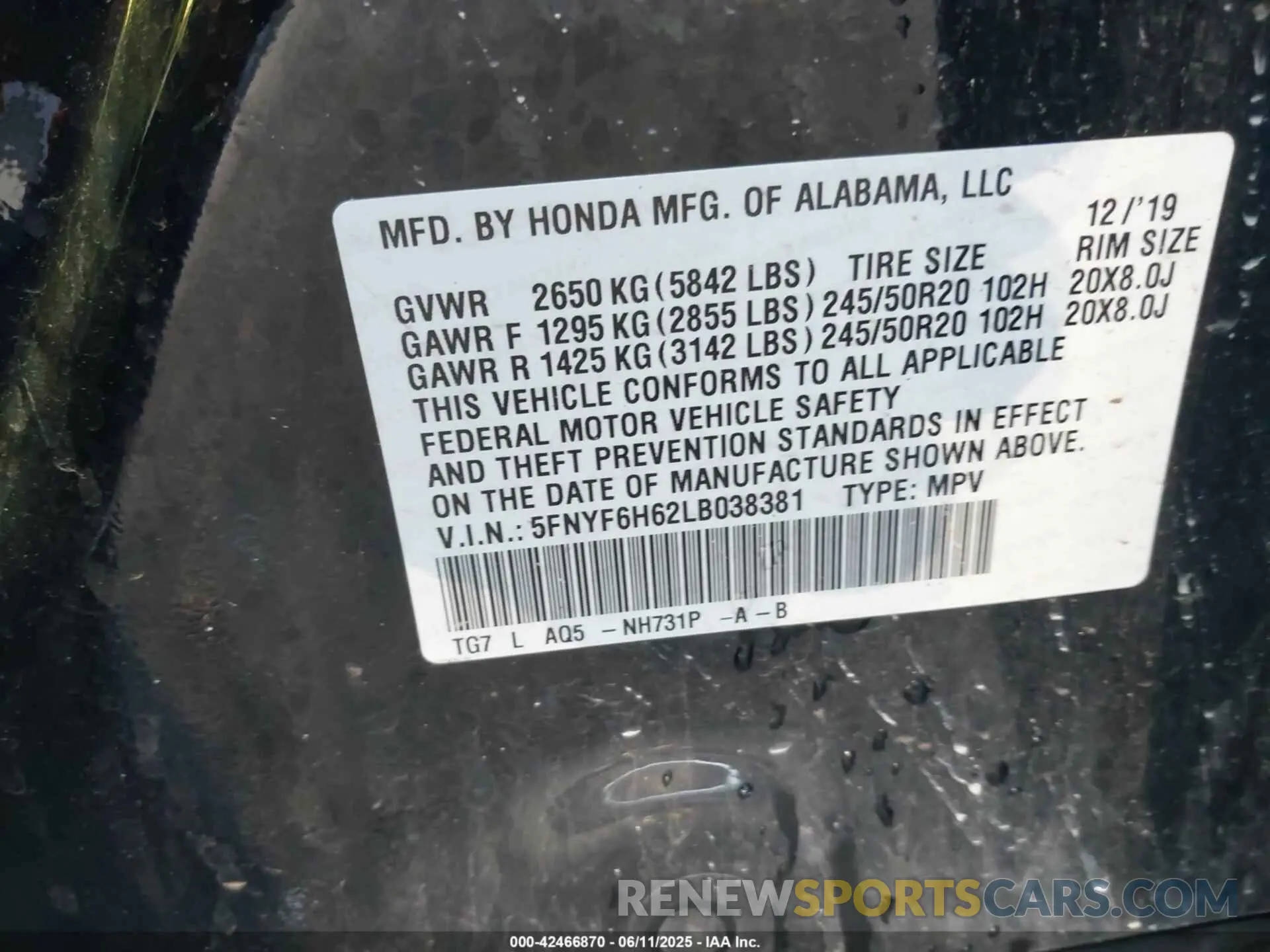 9 Photograph of a damaged car 5FNYF6H62LB038381 HONDA PILOT 2020