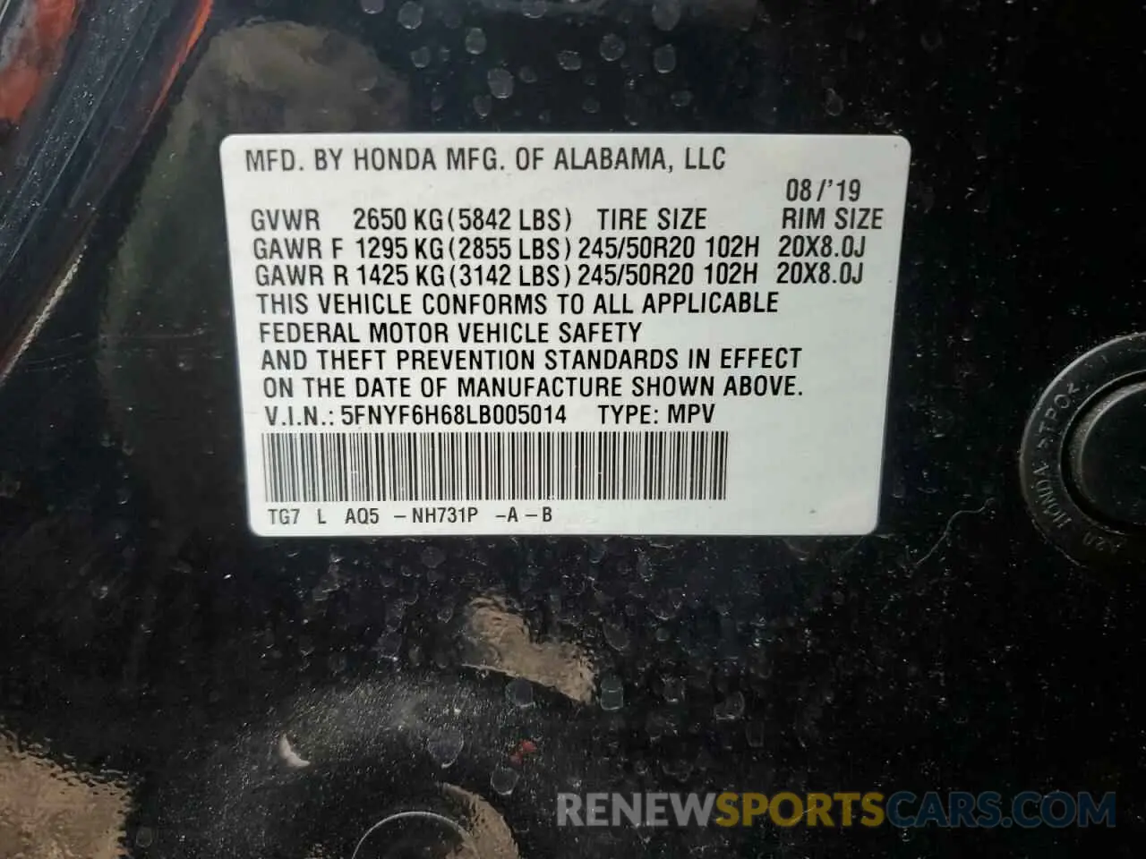 13 Photograph of a damaged car 5FNYF6H68LB005014 HONDA PILOT 2020