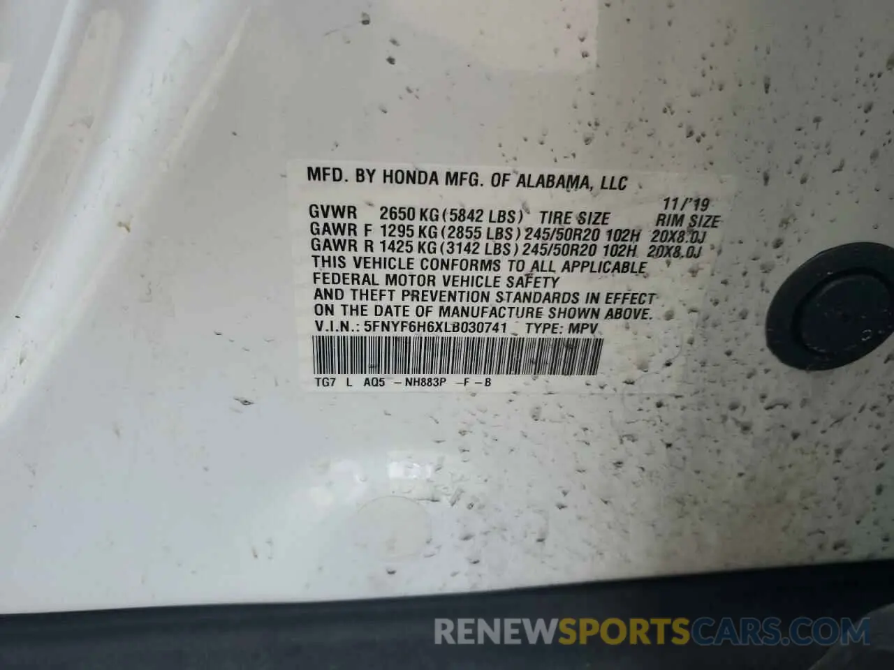 14 Photograph of a damaged car 5FNYF6H6XLB030741 HONDA PILOT 2020