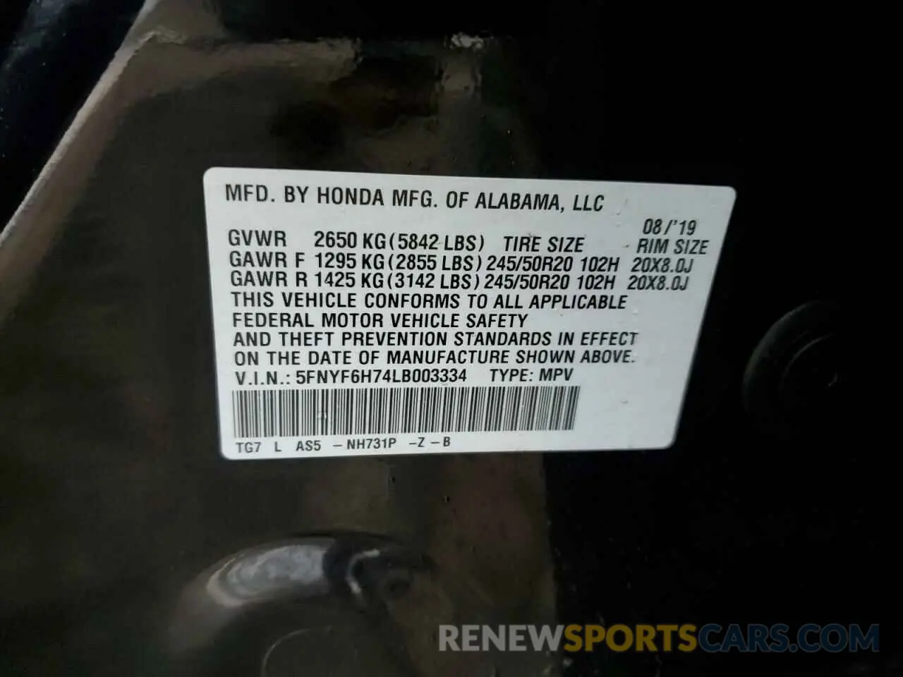 13 Фотография поврежденного автомобиля 5FNYF6H74LB003334 HONDA PILOT 2020
