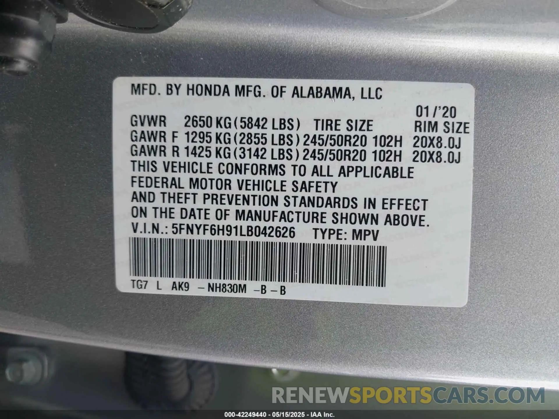 9 Photograph of a damaged car 5FNYF6H91LB042626 HONDA PILOT 2020