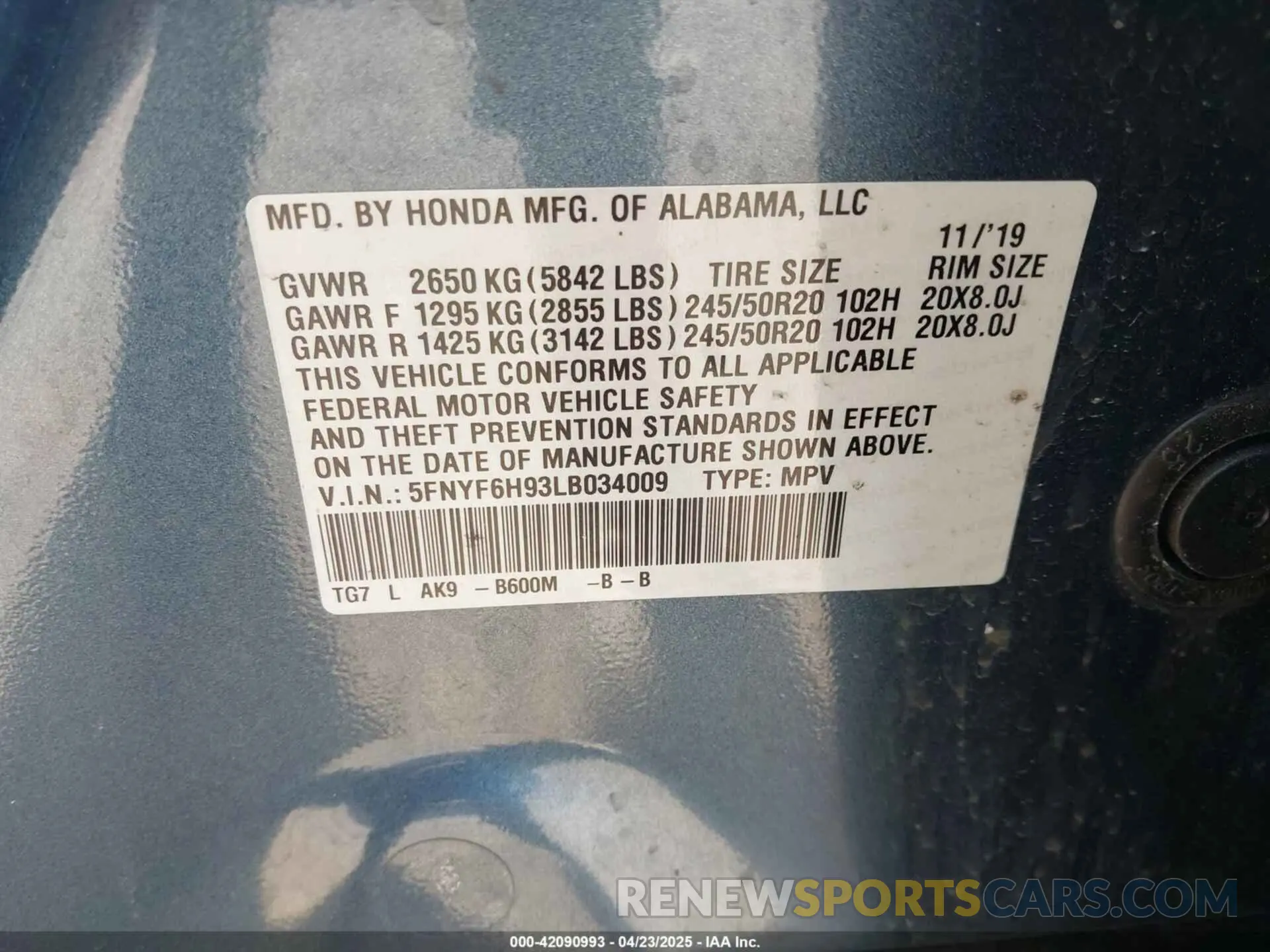 9 Photograph of a damaged car 5FNYF6H93LB034009 HONDA PILOT 2020