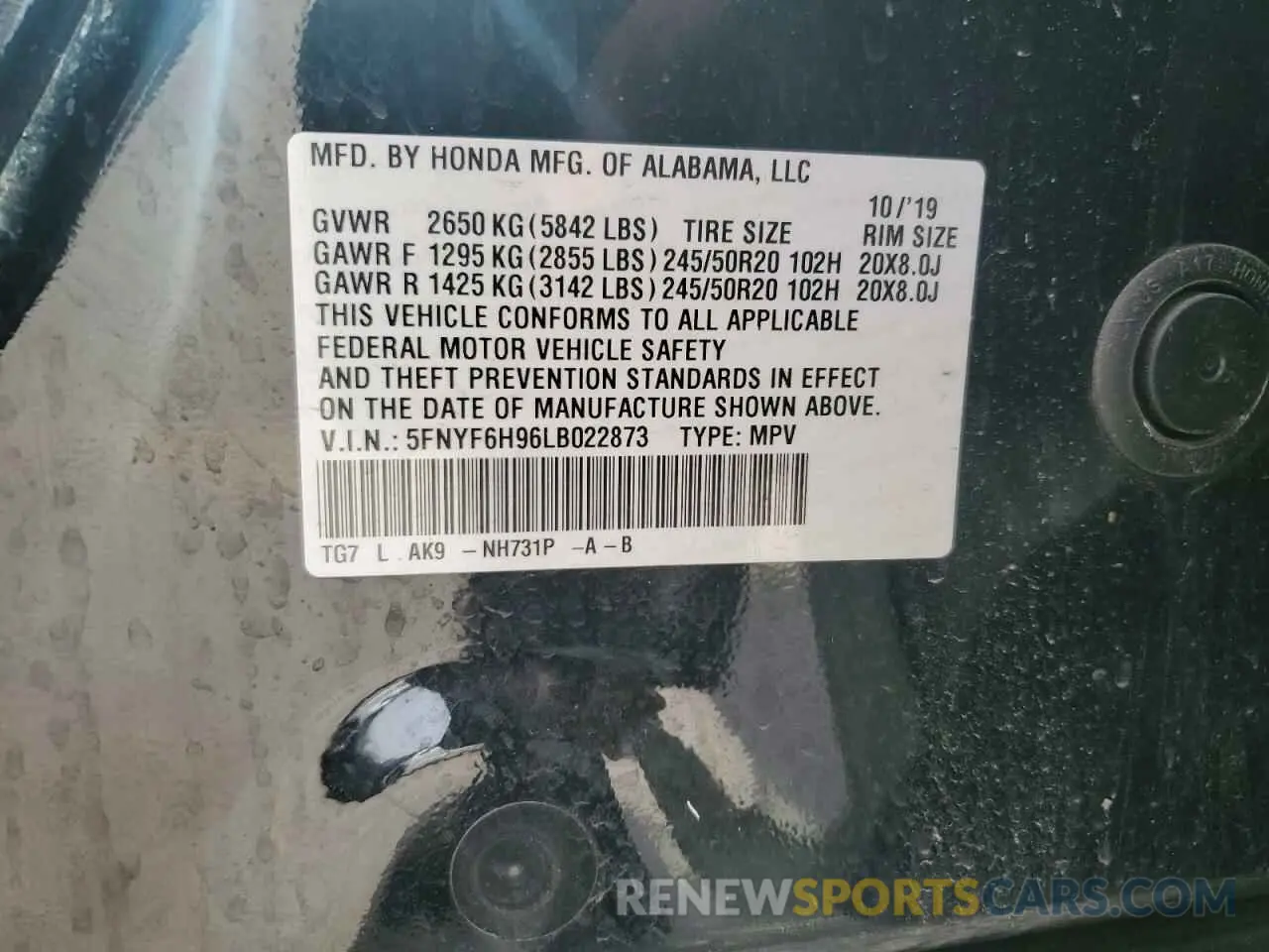 13 Photograph of a damaged car 5FNYF6H96LB022873 HONDA PILOT 2020