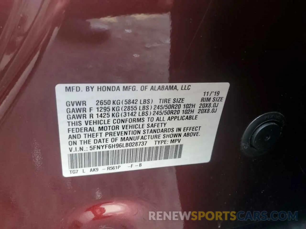 13 Photograph of a damaged car 5FNYF6H96LB028737 HONDA PILOT 2020