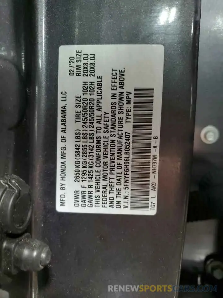 13 Фотография поврежденного автомобиля 5FNYF6H96LB052407 HONDA PILOT 2020