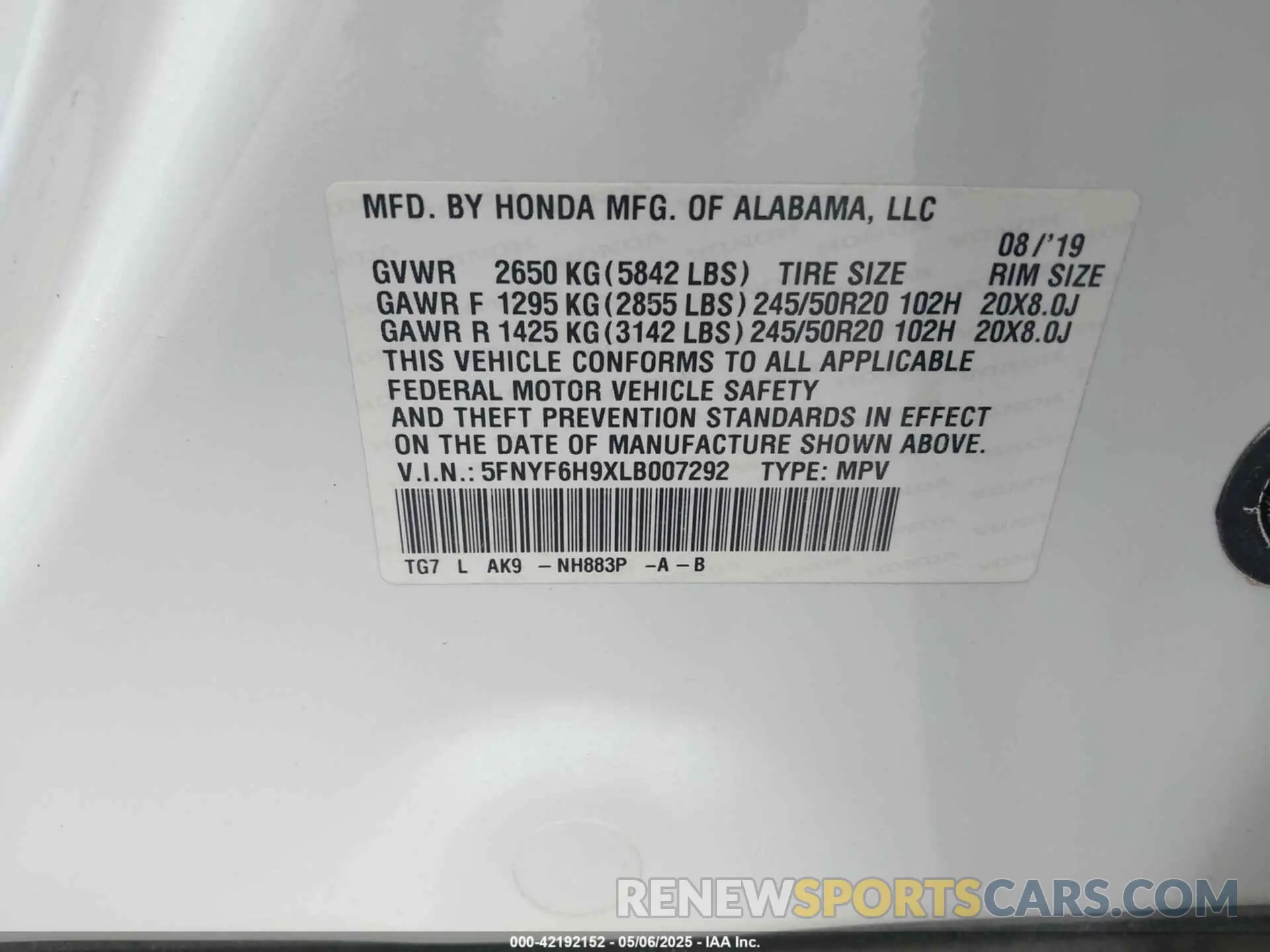 9 Photograph of a damaged car 5FNYF6H9XLB007292 HONDA PILOT 2020