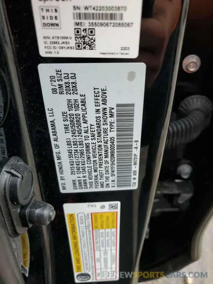 12 Photograph of a damaged car 5FNYF5H20MB005405 HONDA PILOT 2021