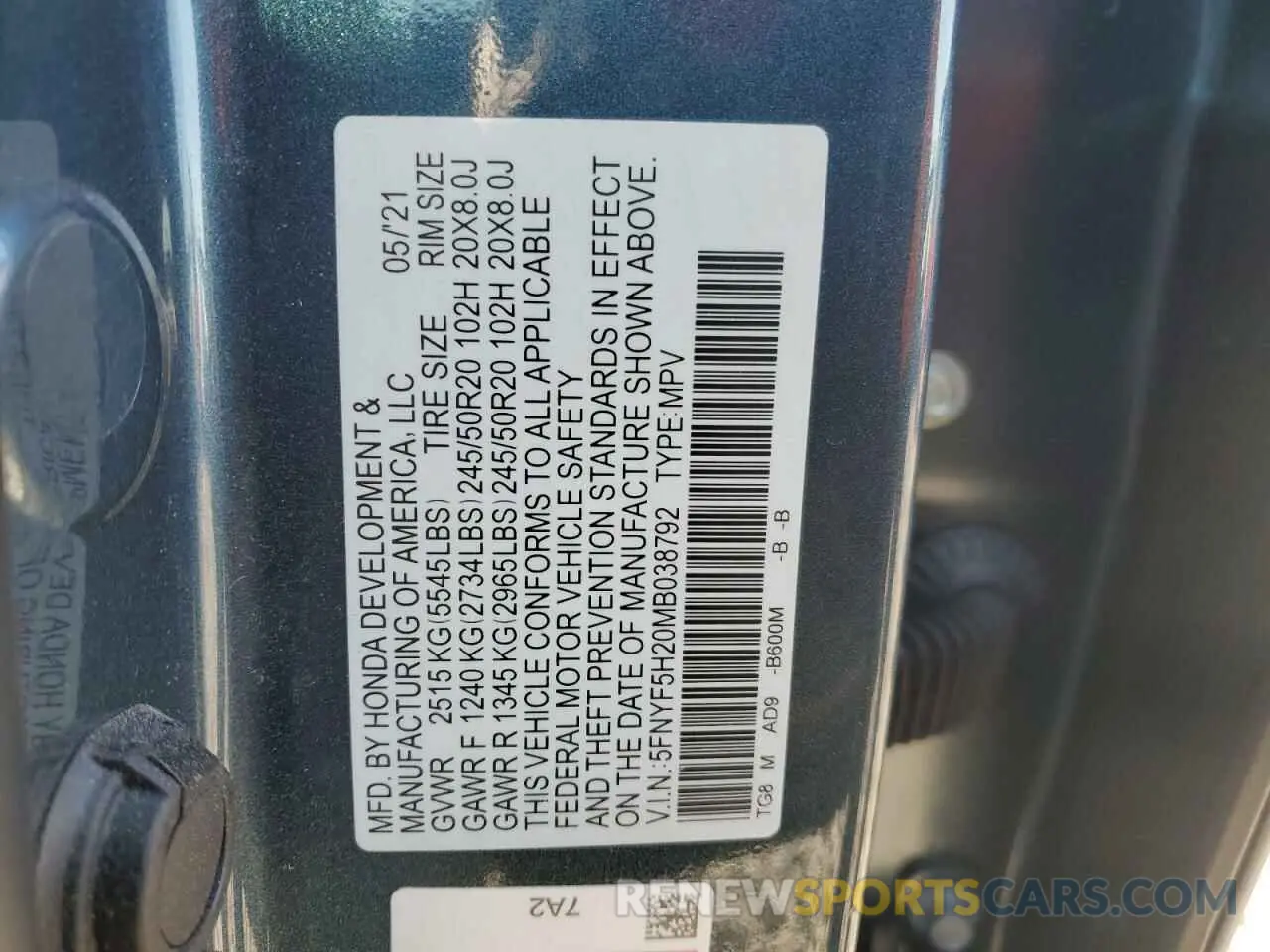 13 Фотография поврежденного автомобиля 5FNYF5H20MB038792 HONDA PILOT 2021