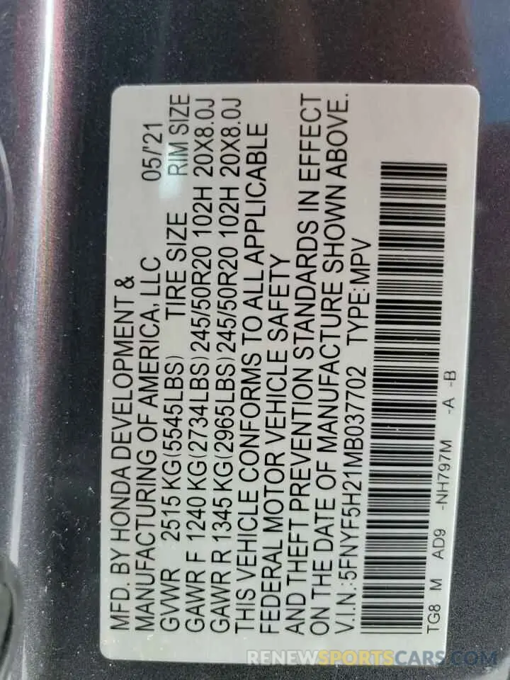 13 Фотография поврежденного автомобиля 5FNYF5H21MB037702 HONDA PILOT 2021