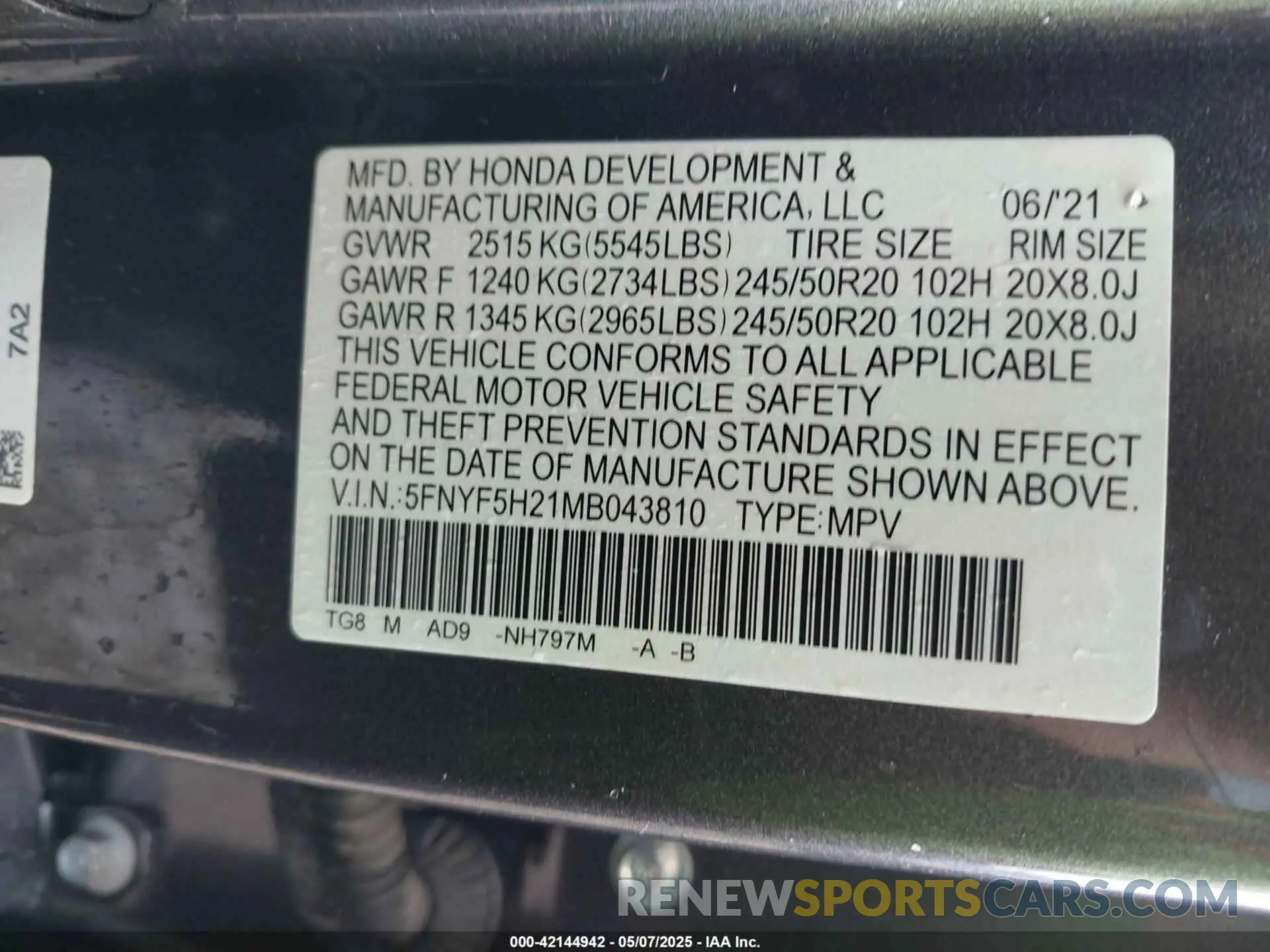 9 Photograph of a damaged car 5FNYF5H21MB043810 HONDA PILOT 2021
