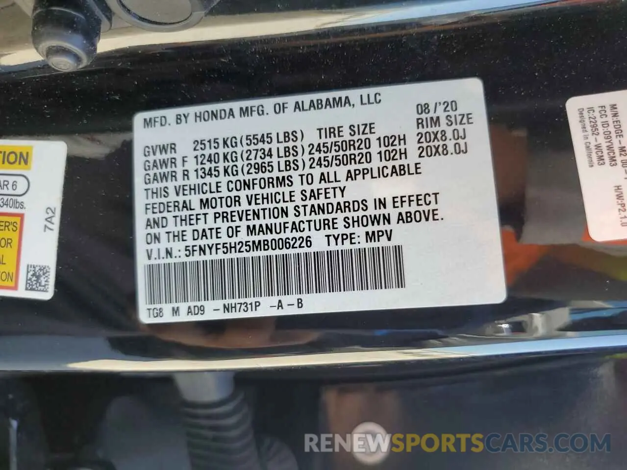 12 Photograph of a damaged car 5FNYF5H25MB006226 HONDA PILOT 2021