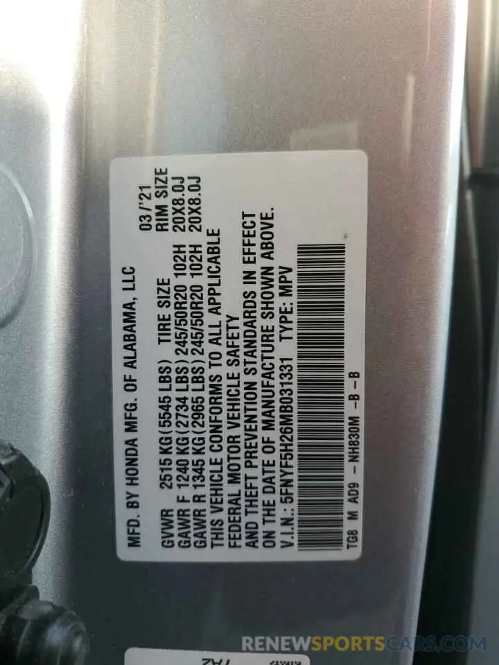 14 Фотография поврежденного автомобиля 5FNYF5H26MB031331 HONDA PILOT 2021