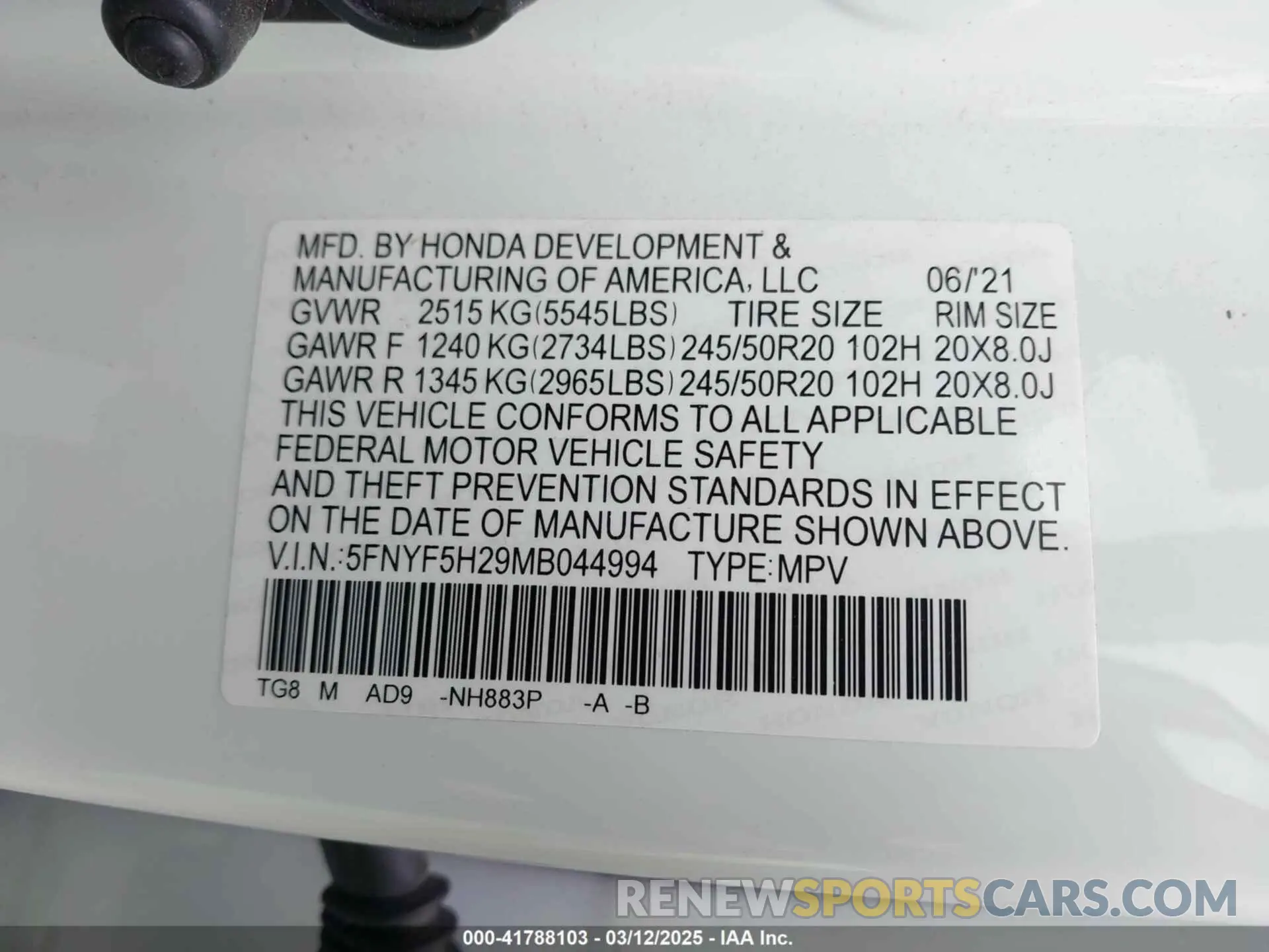 9 Photograph of a damaged car 5FNYF5H29MB044994 HONDA PILOT 2021