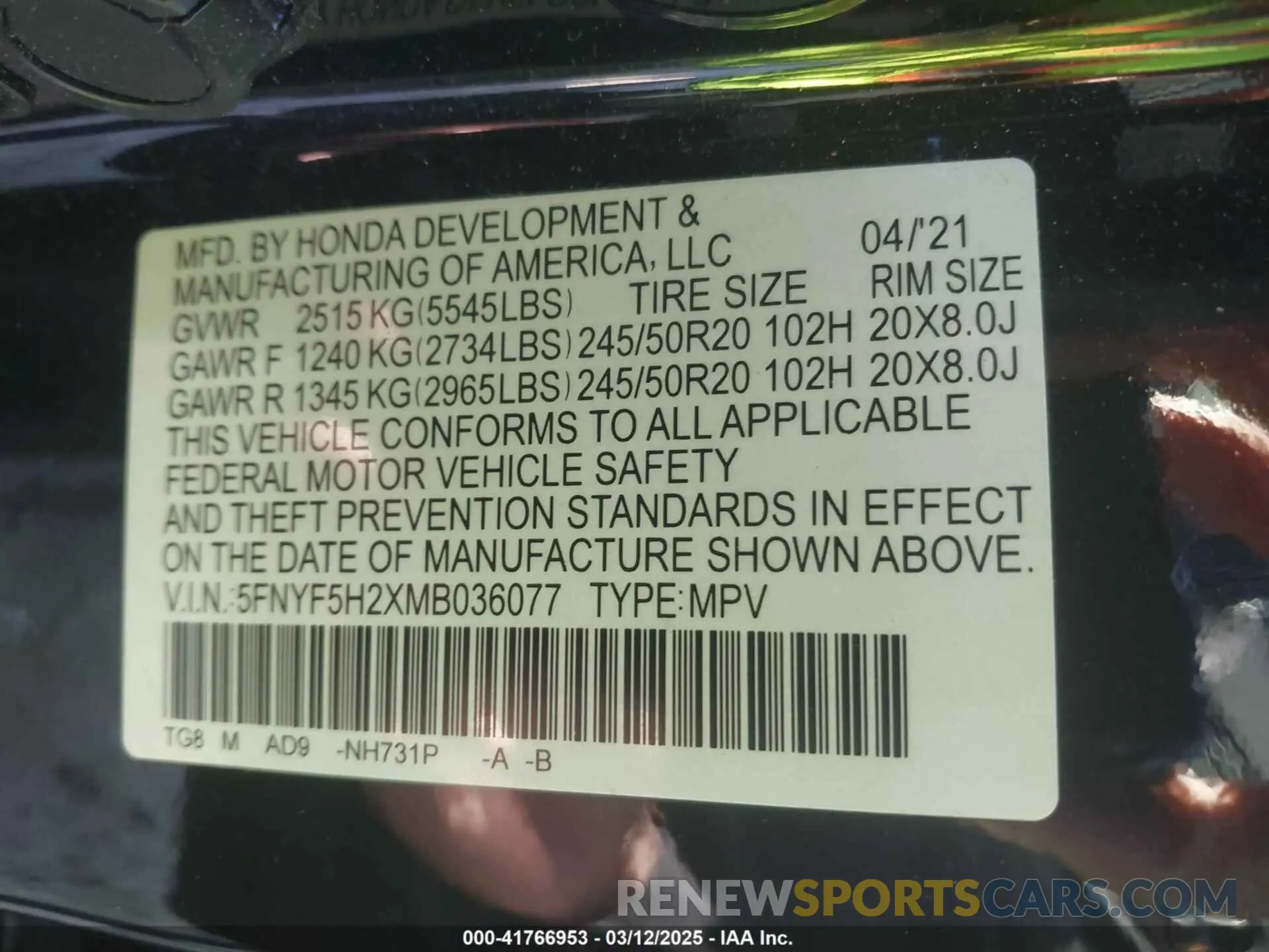 9 Фотография поврежденного автомобиля 5FNYF5H2XMB036077 HONDA PILOT 2021