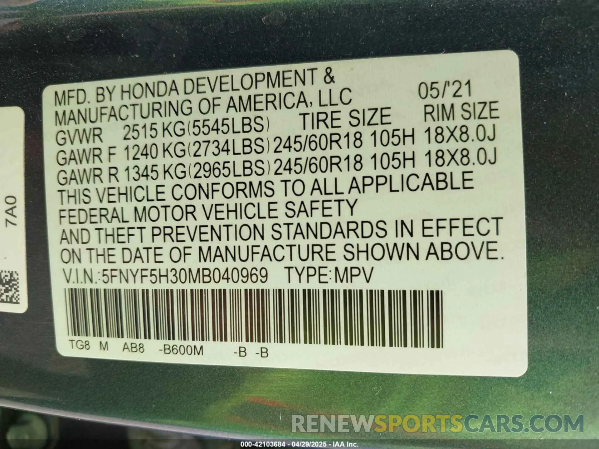 9 Photograph of a damaged car 5FNYF5H30MB040969 HONDA PILOT 2021