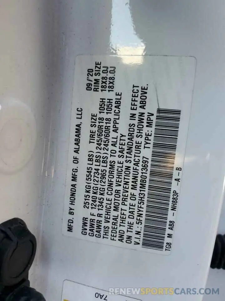 13 Photograph of a damaged car 5FNYF5H31MB013697 HONDA PILOT 2021