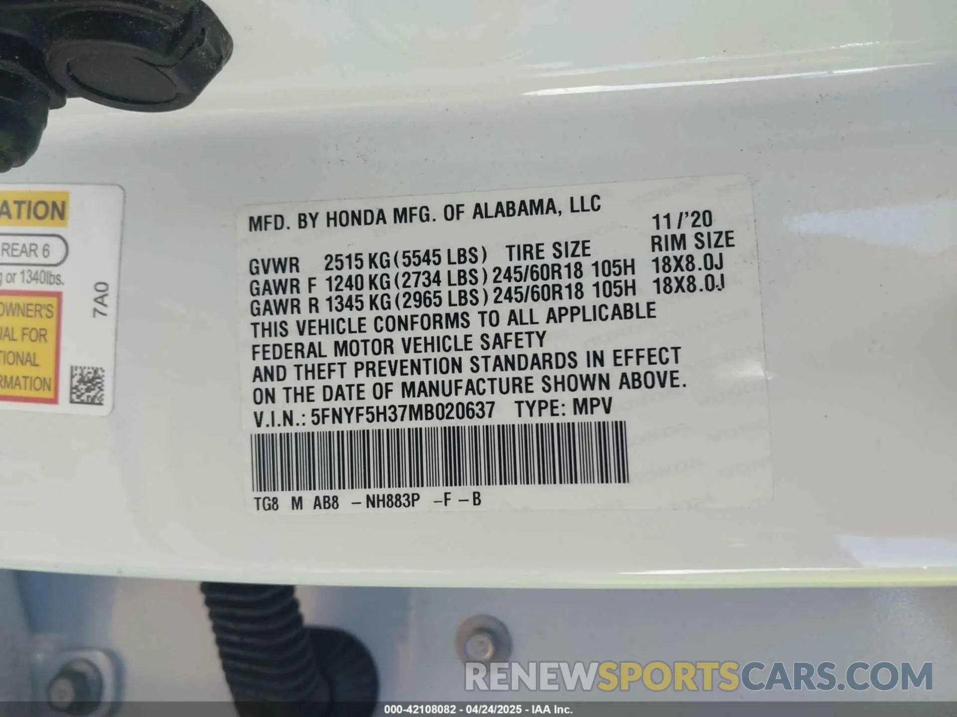 9 Photograph of a damaged car 5FNYF5H37MB020637 HONDA PILOT 2021