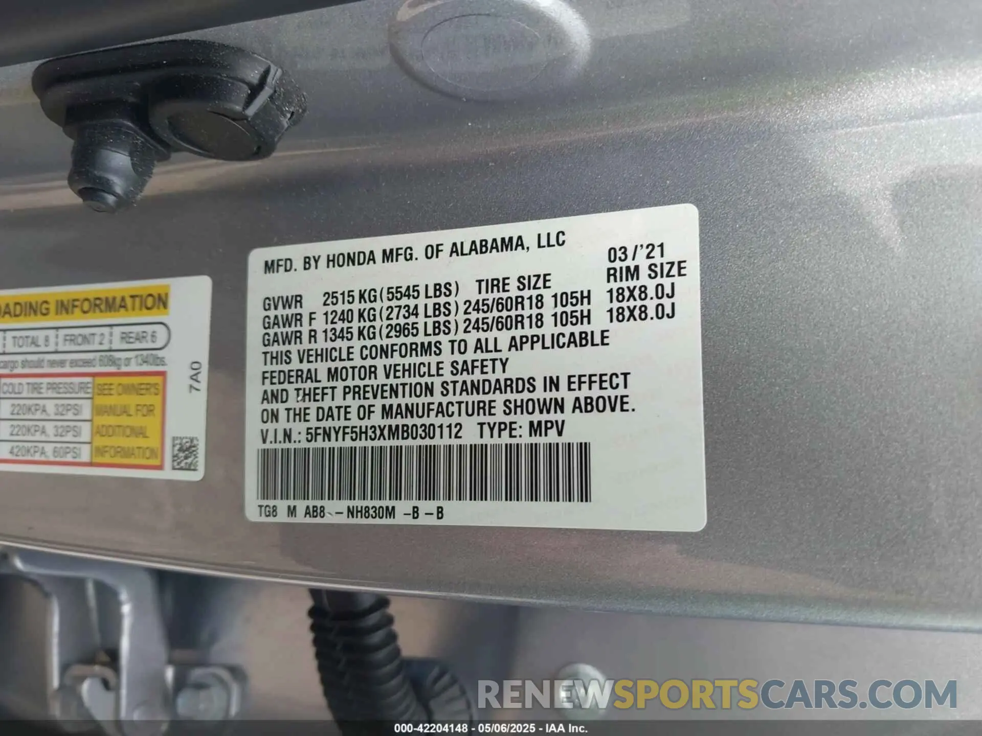 9 Фотография поврежденного автомобиля 5FNYF5H3XMB030112 HONDA PILOT 2021