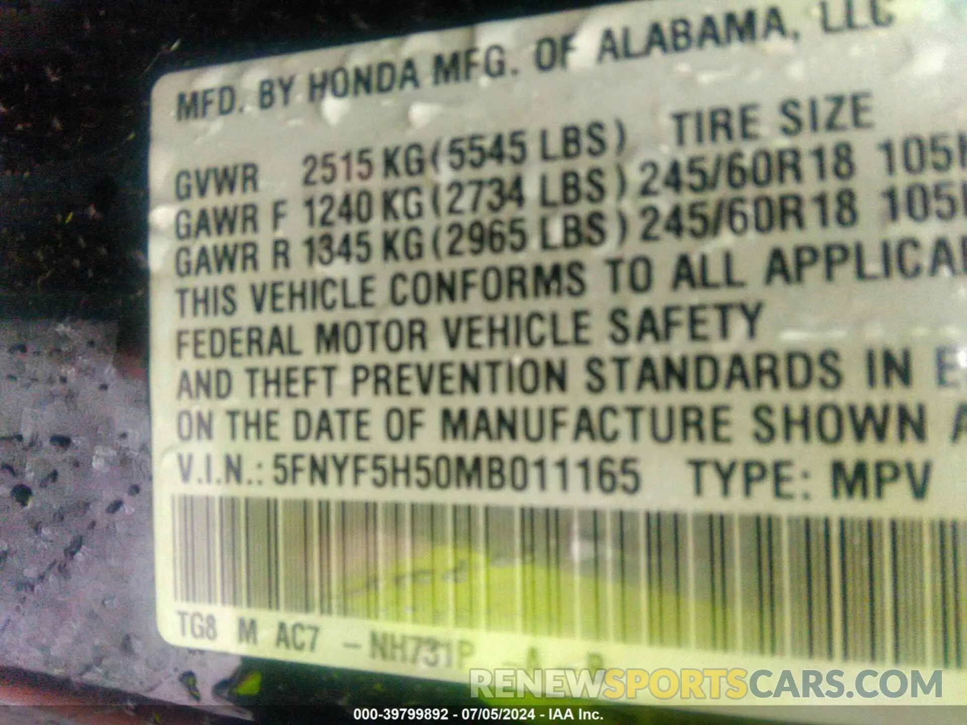 9 Фотография поврежденного автомобиля 5FNYF5H50MB011165 HONDA PILOT 2021
