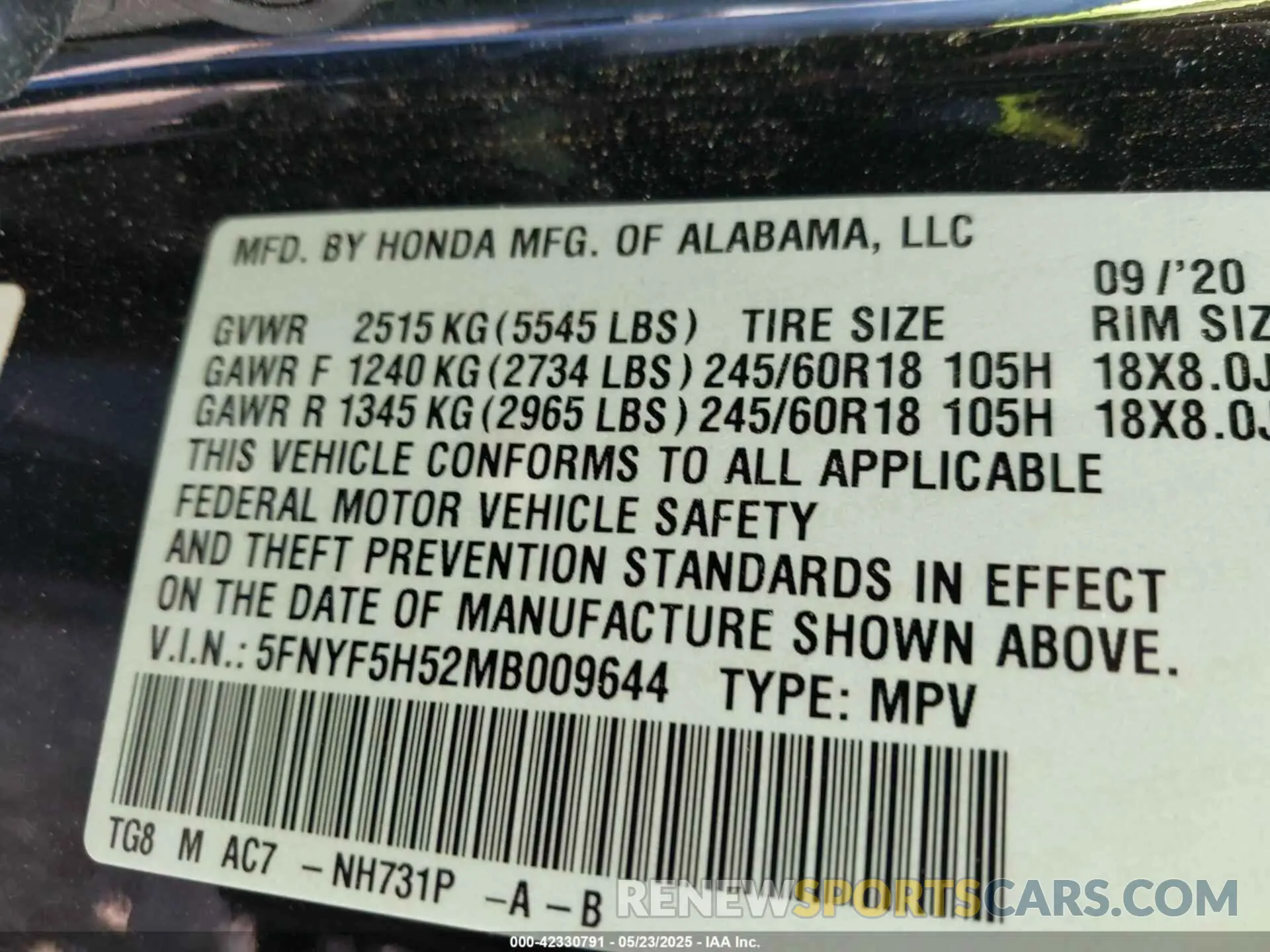 9 Photograph of a damaged car 5FNYF5H52MB009644 HONDA PILOT 2021