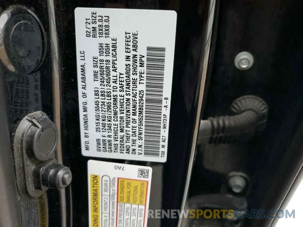 12 Photograph of a damaged car 5FNYF5H52MB029425 HONDA PILOT 2021