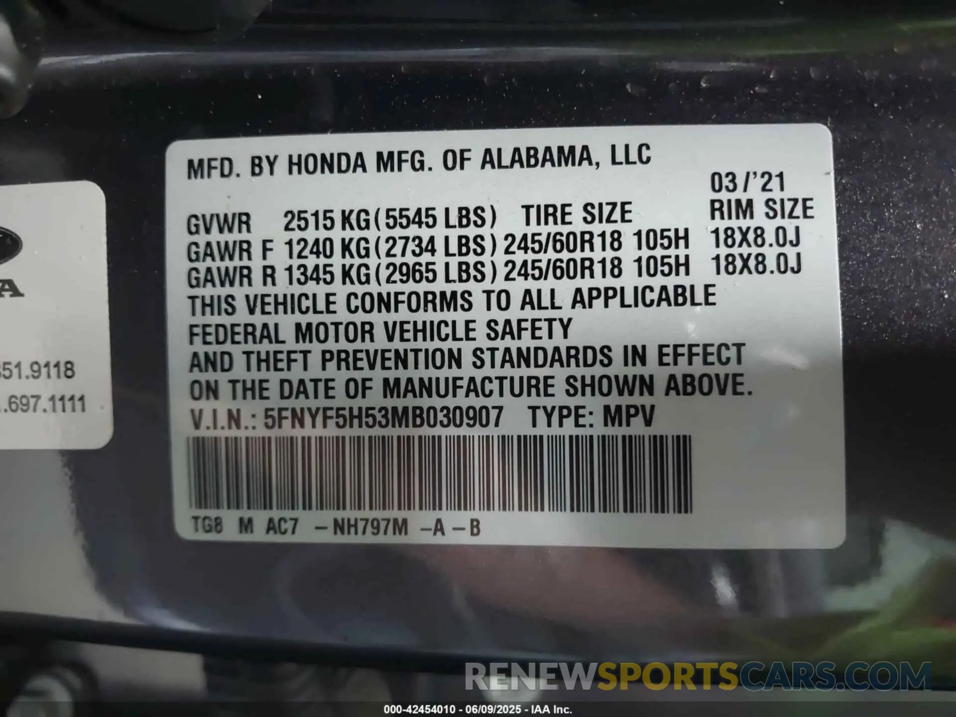 9 Фотография поврежденного автомобиля 5FNYF5H53MB030907 HONDA PILOT 2021