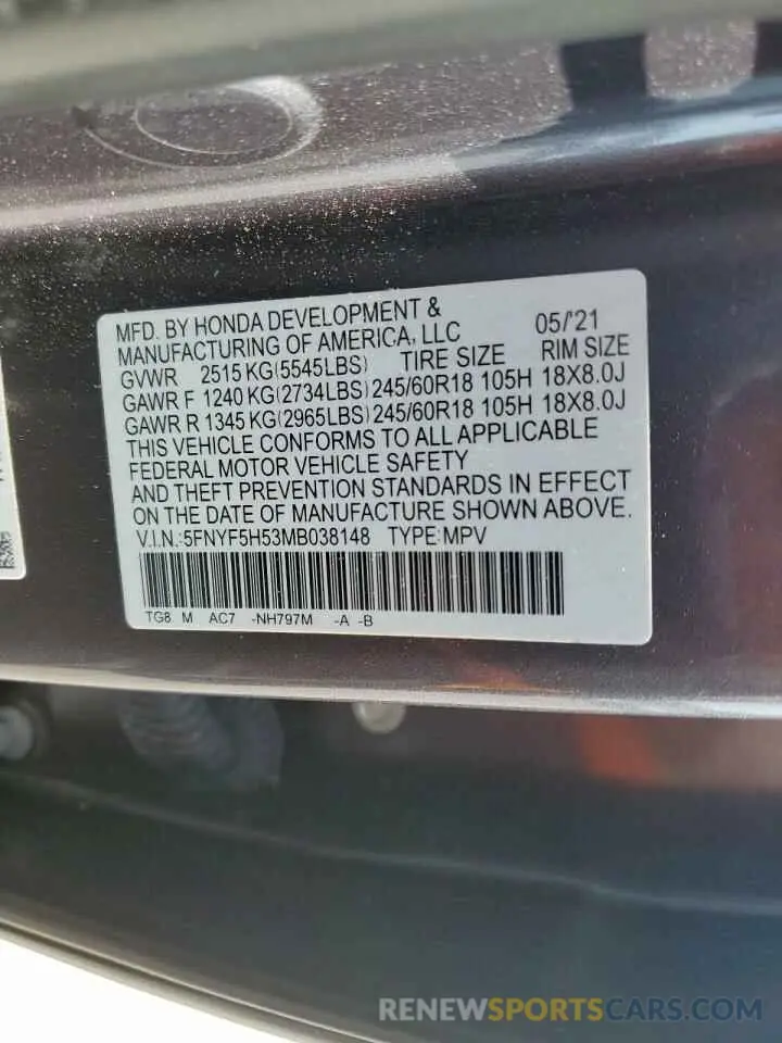 16 Photograph of a damaged car 5FNYF5H53MB038148 HONDA PILOT 2021