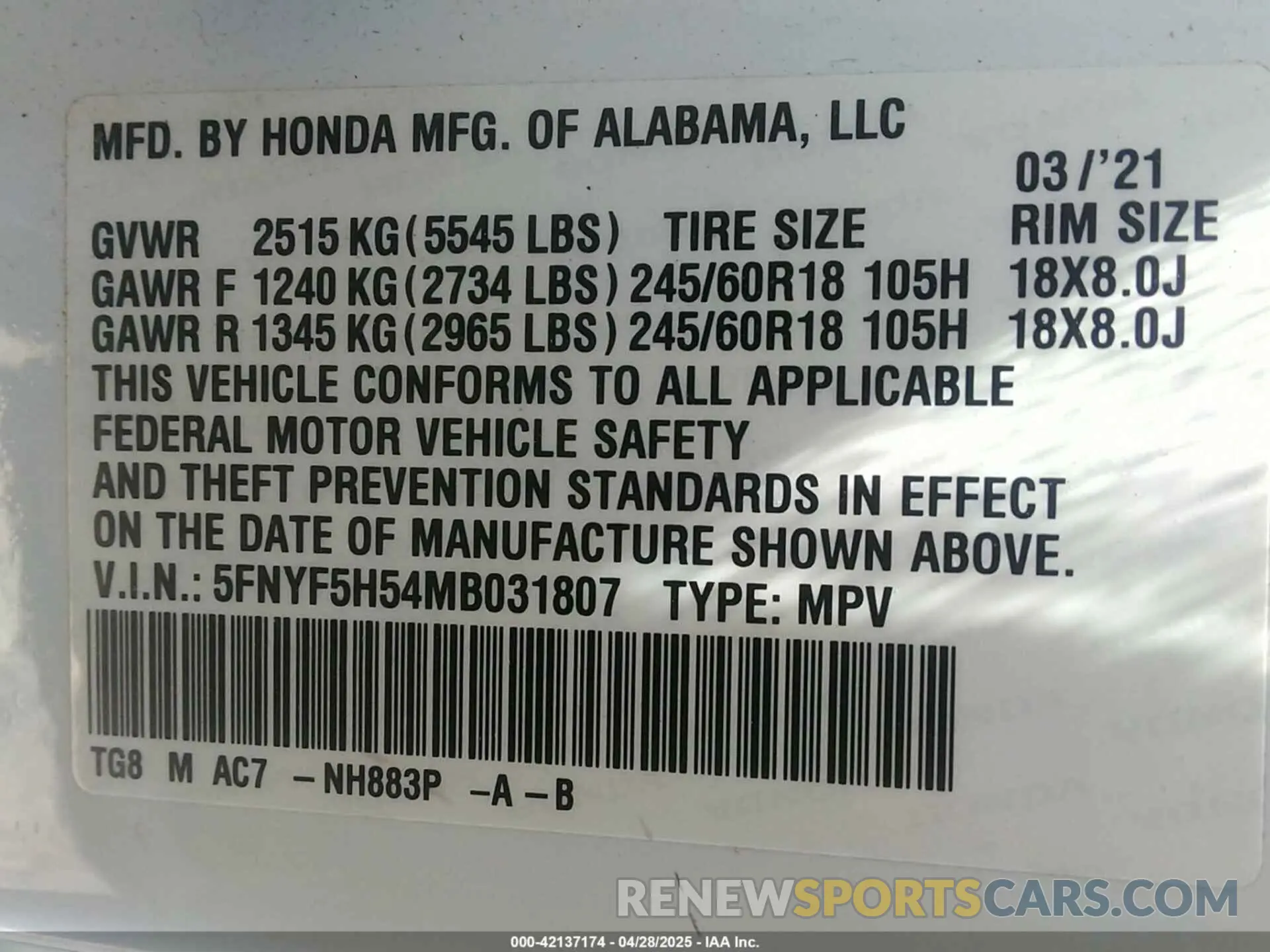 9 Фотография поврежденного автомобиля 5FNYF5H54MB031807 HONDA PILOT 2021
