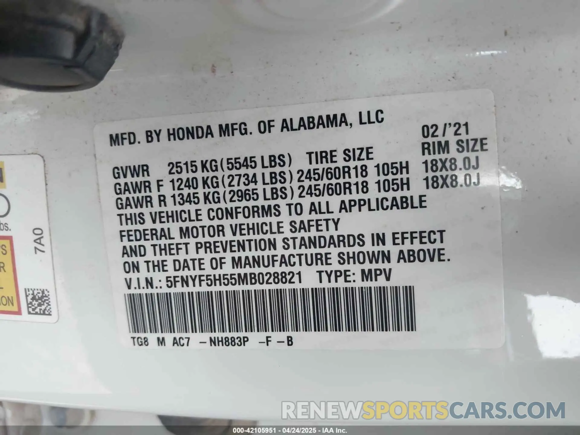 9 Photograph of a damaged car 5FNYF5H55MB028821 HONDA PILOT 2021
