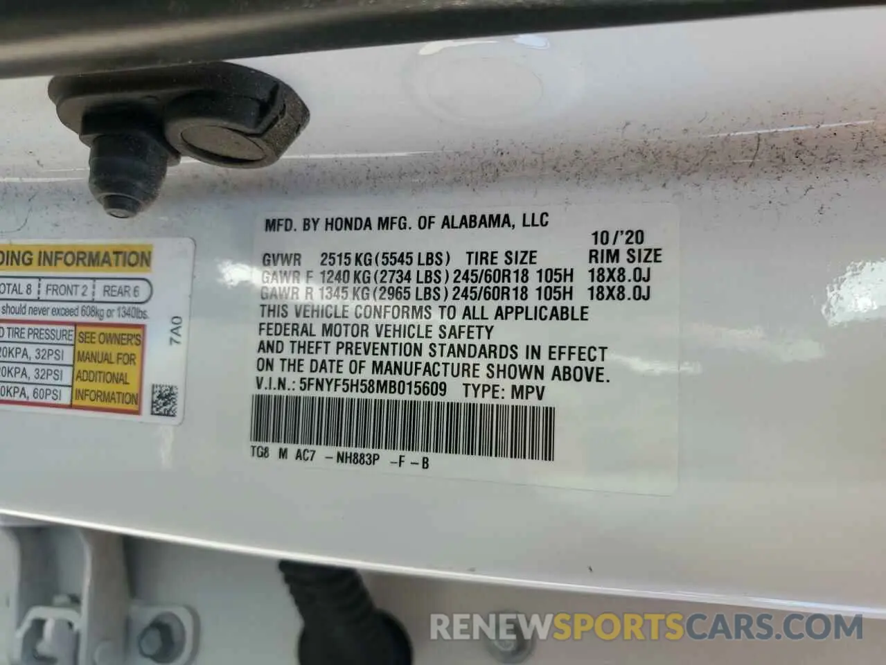 14 Photograph of a damaged car 5FNYF5H58MB015609 HONDA PILOT 2021