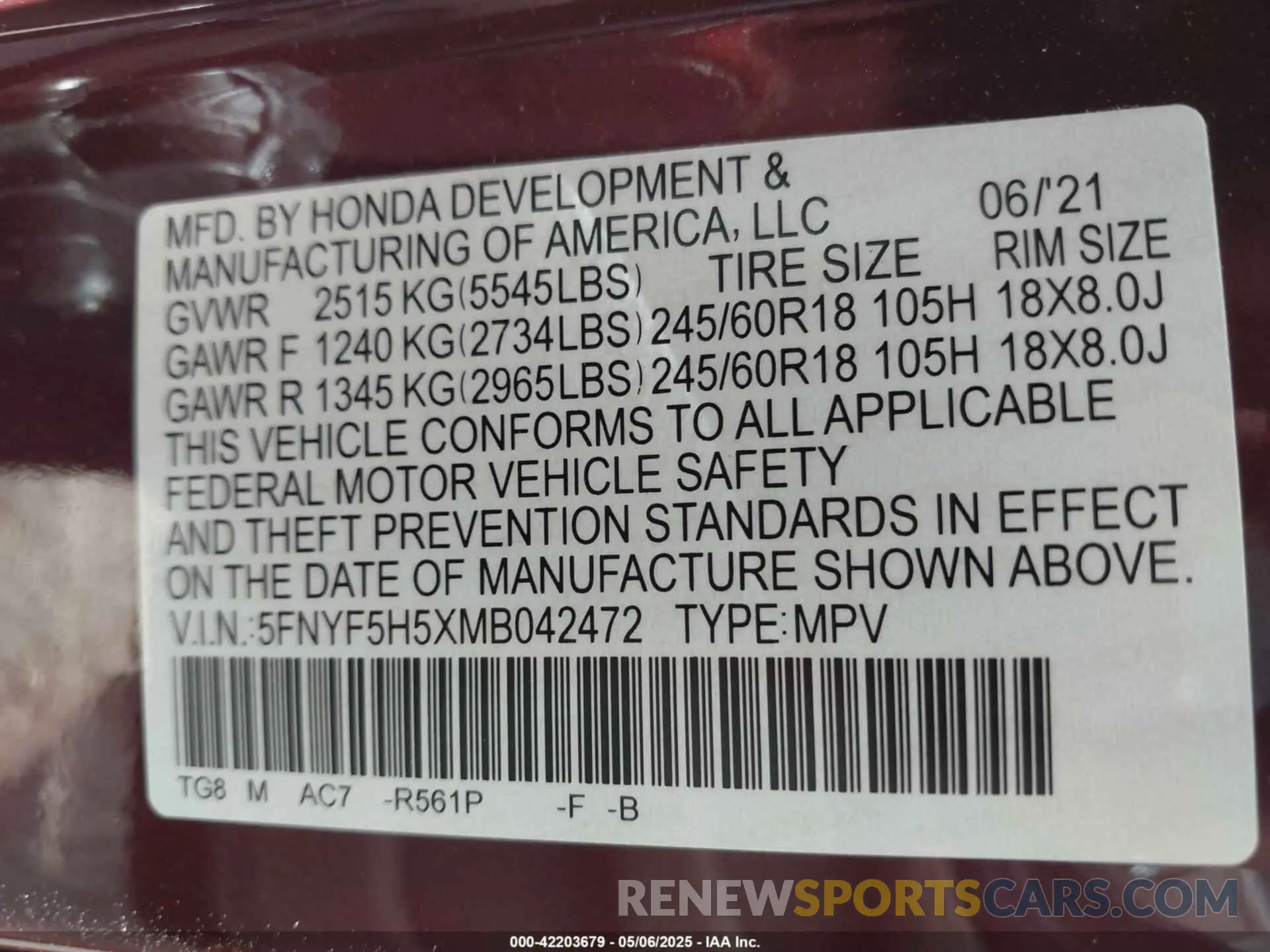 9 Фотография поврежденного автомобиля 5FNYF5H5XMB042472 HONDA PILOT 2021
