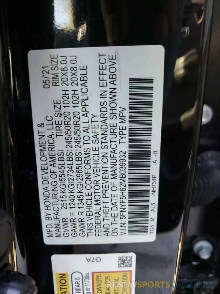 13 Фотография поврежденного автомобиля 5FNYF5H62MB039932 HONDA PILOT 2021