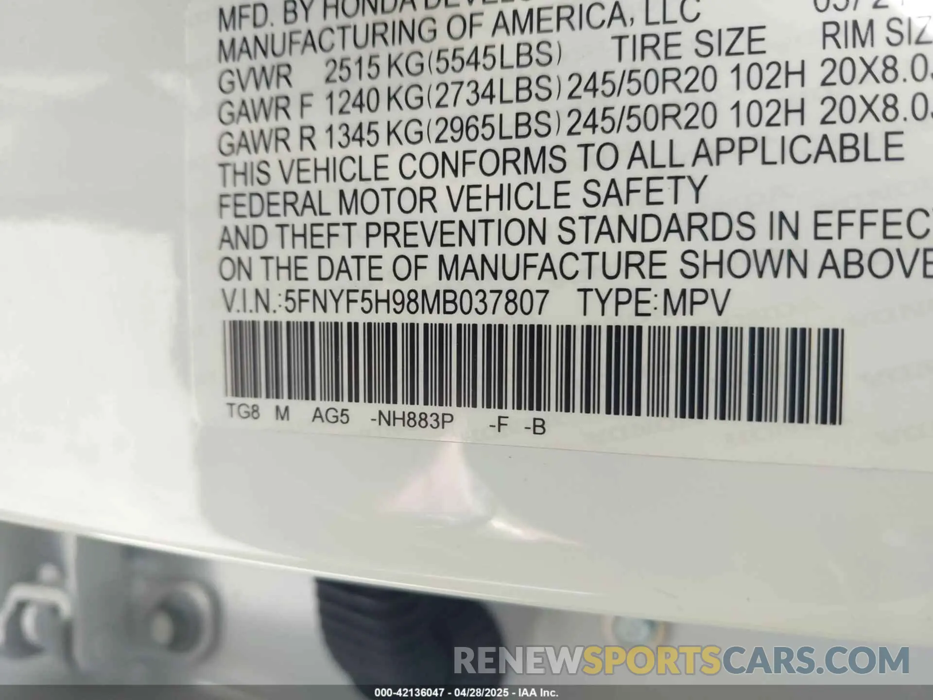 9 Photograph of a damaged car 5FNYF5H98MB073807 HONDA PILOT 2021