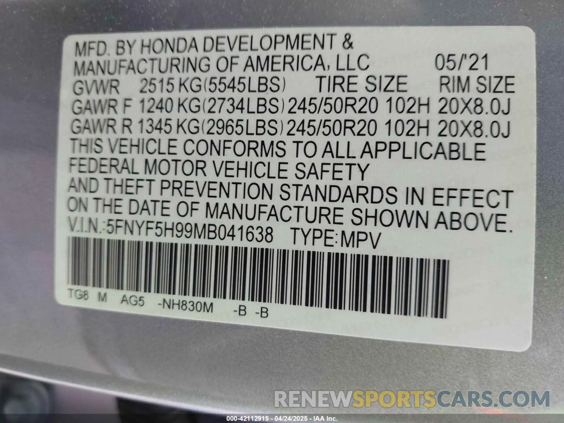 9 Photograph of a damaged car 5FNYF5H99MB041638 HONDA PILOT 2021