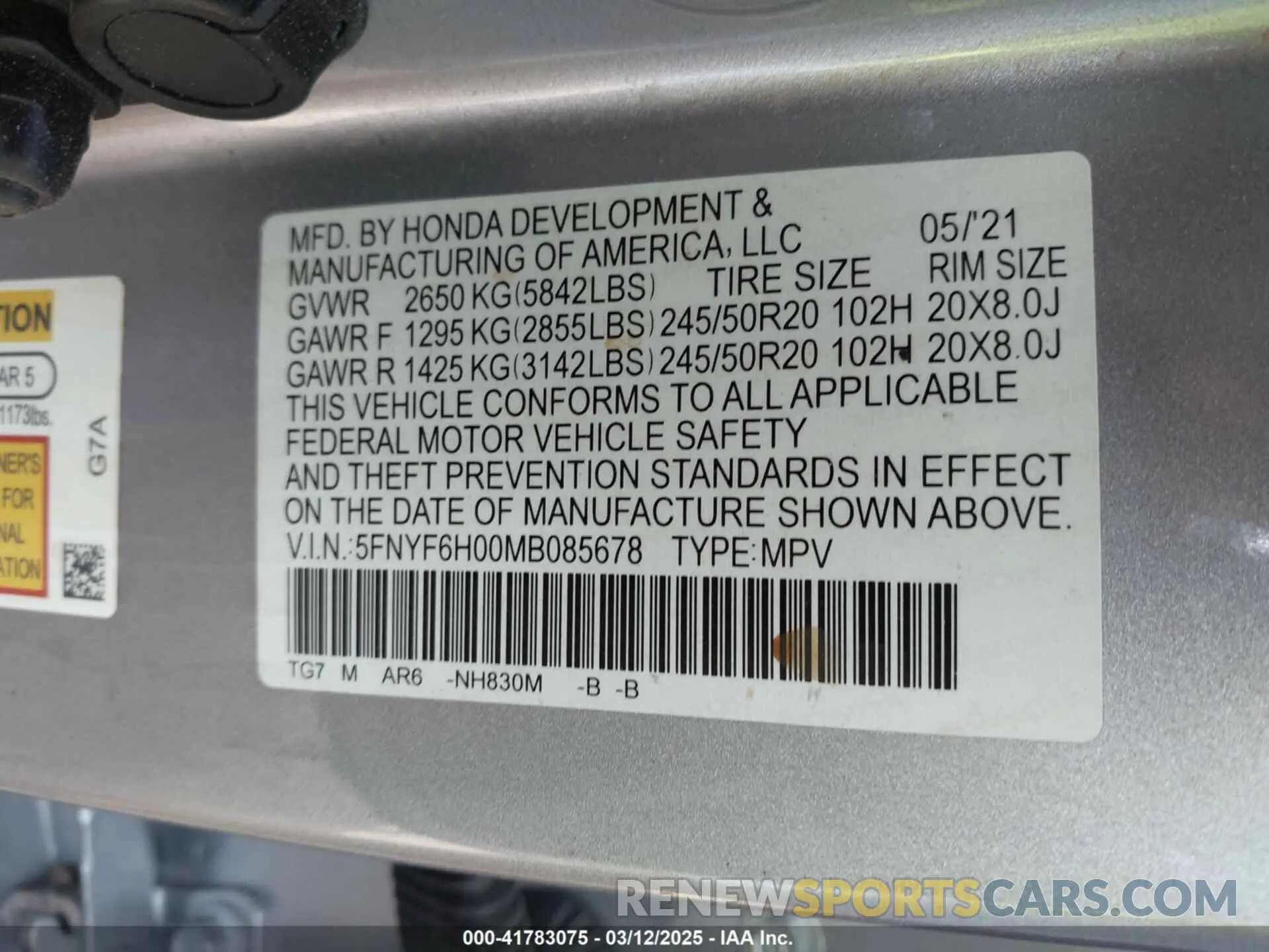 9 Photograph of a damaged car 5FNYF6H00MB085678 HONDA PILOT 2021