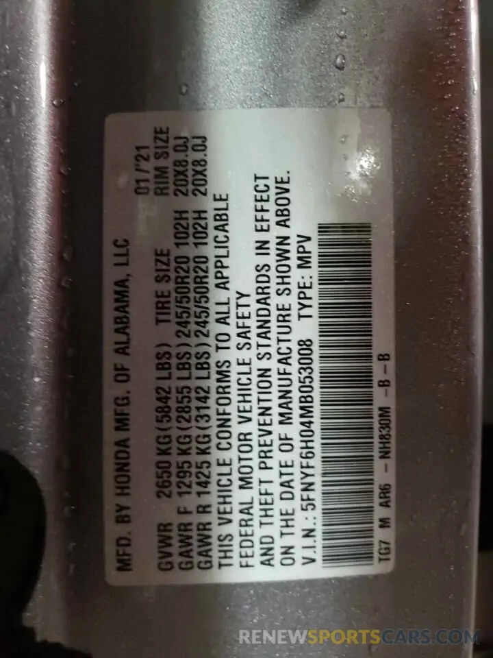 12 Фотография поврежденного автомобиля 5FNYF6H04MB053008 HONDA PILOT 2021