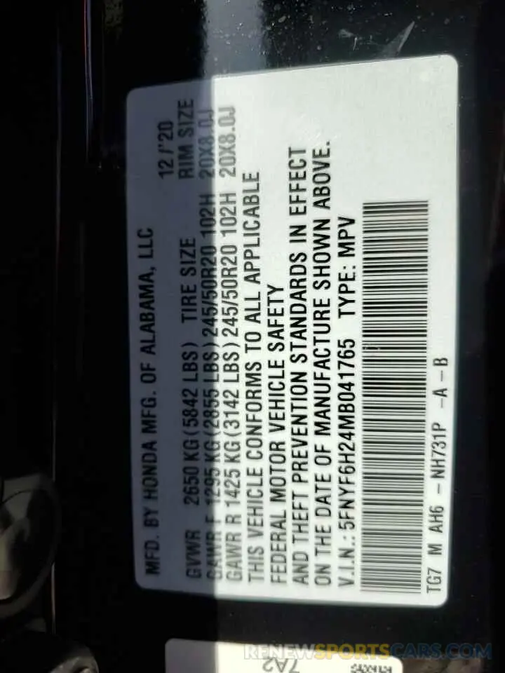 13 Фотография поврежденного автомобиля 5FNYF6H24MB041765 HONDA PILOT 2021