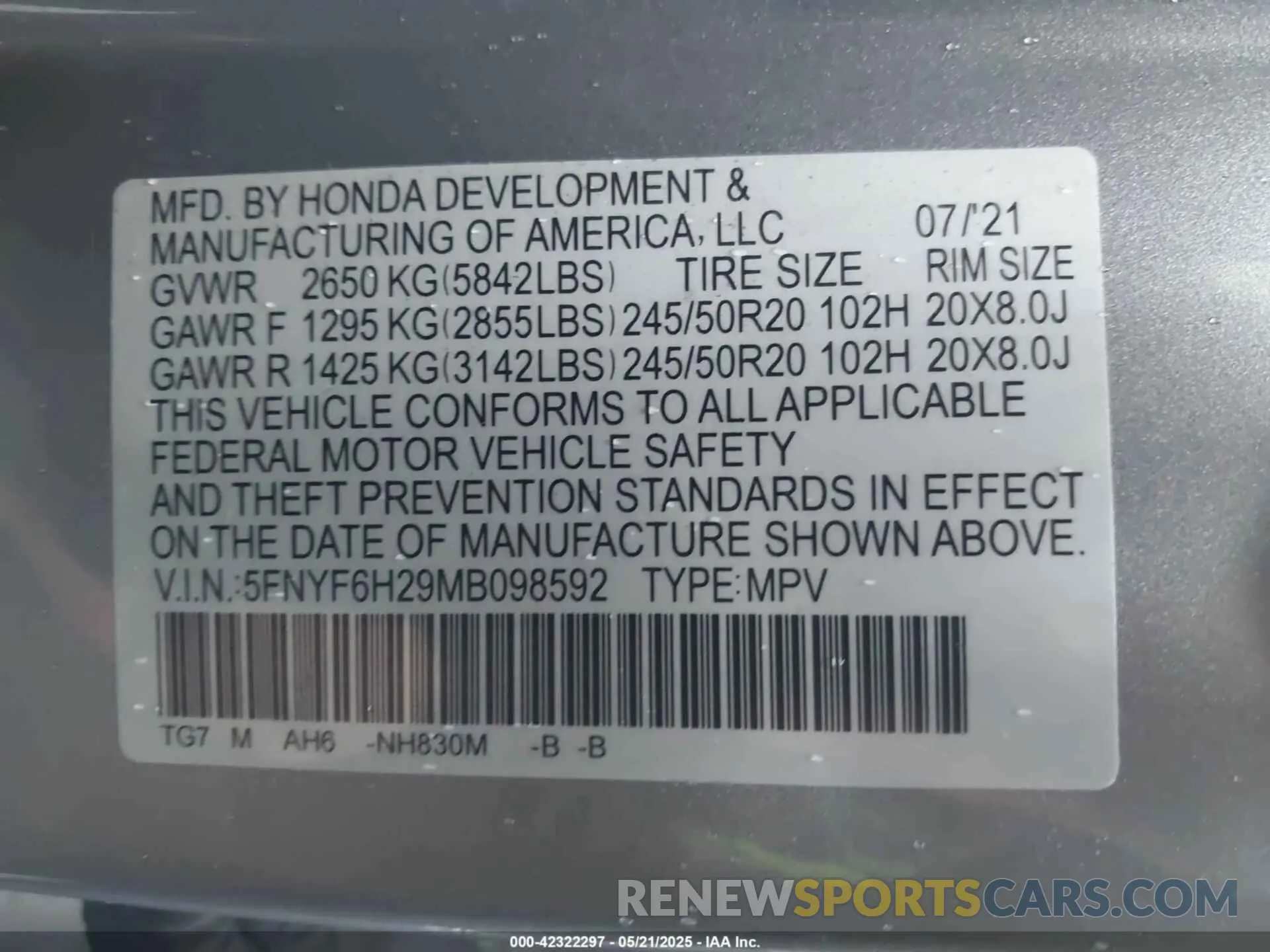 9 Photograph of a damaged car 5FNYF6H29MB098592 HONDA PILOT 2021